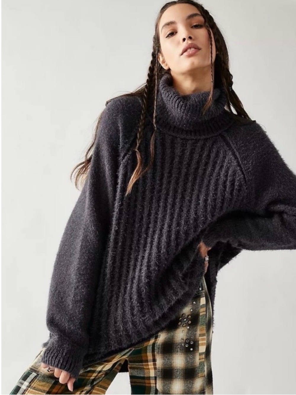 Free People Charcoal Big City Chunky Turtleneck Oversized Ribbed Sweater Medium